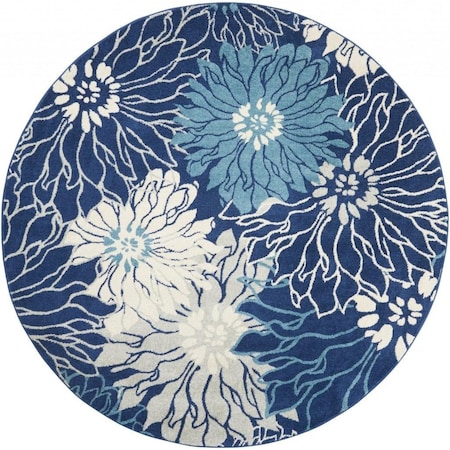 Homeroots 8 ft. Round Navy & Ivory Floral Area Rug 385483